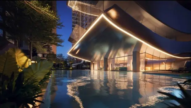 MSN Neopolis Apartment swimming pool night view by MSN Realty located at Neopolis, Kokapet, Hyderabad Telangana